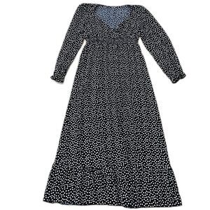 Women's Size L Floral Print V-Neck Black White Maxi Peasant Dress